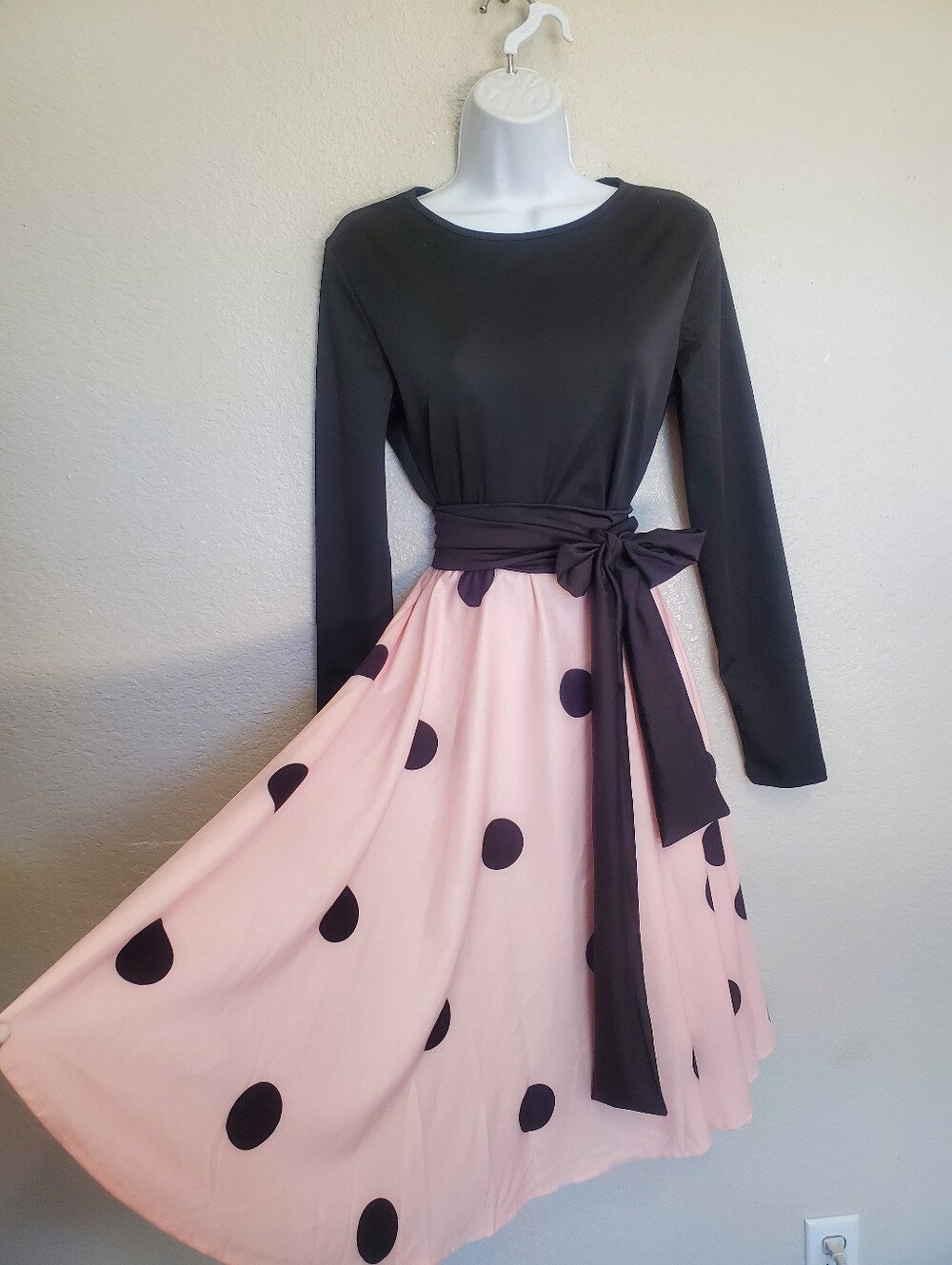 Pink & Black Polka Dot Midi Dtess Circle Skirt Retro Vintage Style 50s 60s